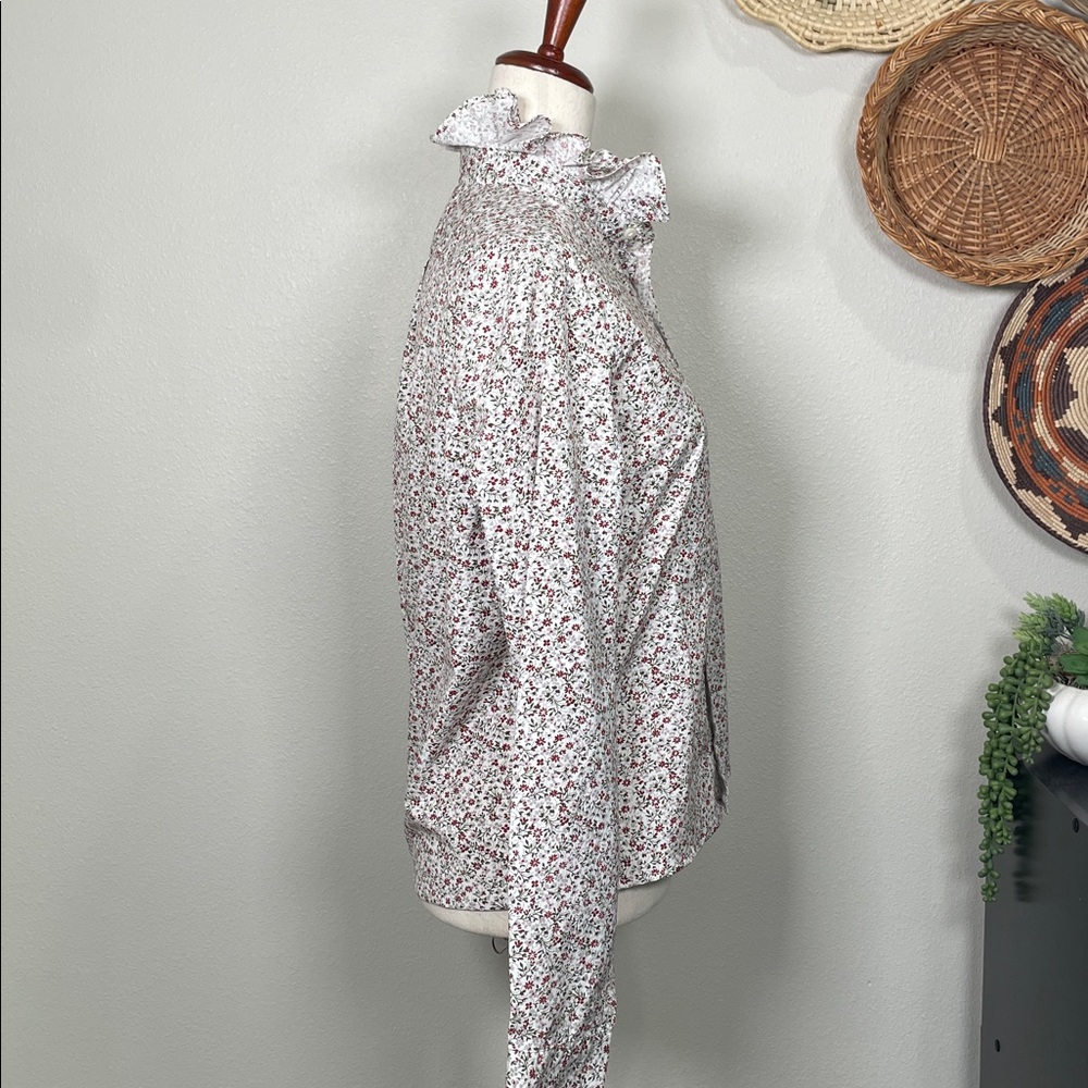 Upcycled Repurposed White Floral Ruffle Collar Button Up Shirt Preppy Size Small - Picture 5 of 15